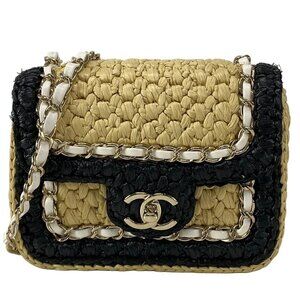 Auth CHANEL Mini Flap Bag AS4556/B14884/NT366 Beige Black White braid raffia